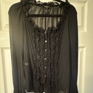 Y2K Express Black Ruffle-Front Button Down Blouse
